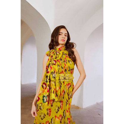PALLAVI JAIPUR Gulbahar Bumble Bee Green Halter Maxi Dress With Separate Bow & Belt (Set of 3)
