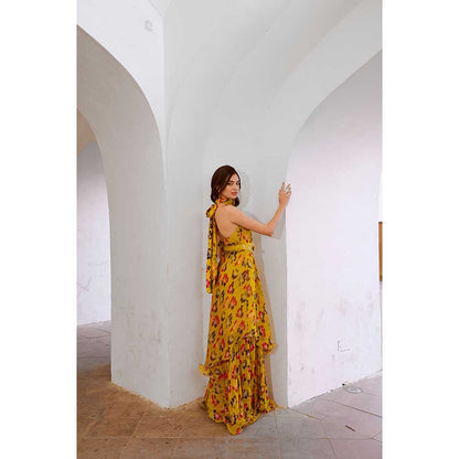 PALLAVI JAIPUR Gulbahar Bumble Bee Green Halter Maxi Dress With Separate Bow & Belt (Set of 3)