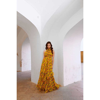 PALLAVI JAIPUR Gulbahar Bumble Bee Yellow Halter Maxi Dress