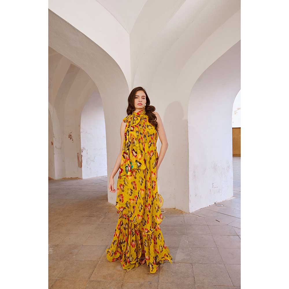 PALLAVI JAIPUR Gulbahar Bumble Bee Yellow Halter Maxi Dress With Separate Bow (Set of 2)