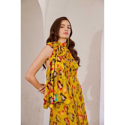 PALLAVI JAIPUR Gulbahar Bumble Bee Yellow Halter Maxi Dress With Separate Bow (Set of 2)