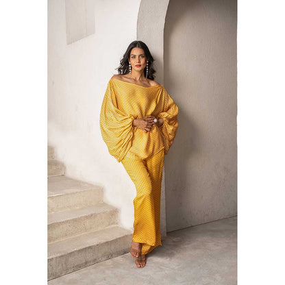 PALLAVI JAIPUR Gulbahar Marigold Yellow Off Shoulder Top With Pant (Set of 2)