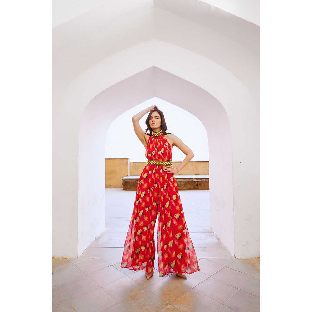 PALLAVI JAIPUR Gulbahar Chilly Red Bell Jumpsuit With Belt (Set of 2)