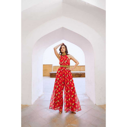 PALLAVI JAIPUR Gulbahar Chilly Red Bell Jumpsuit With Belt (Set of 2)