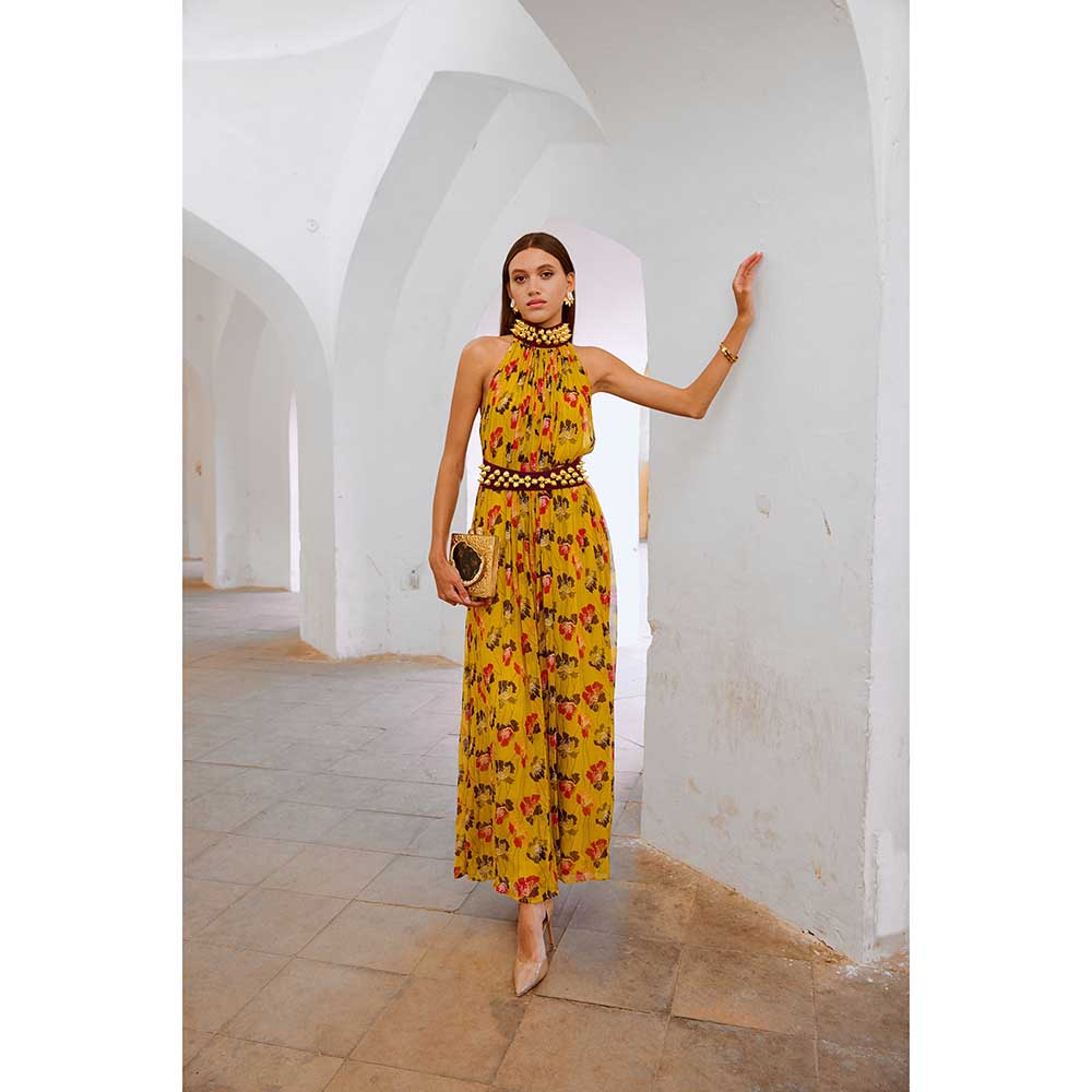 PALLAVI JAIPUR Bumblebee Green Poppy Bell Jumpsuit With Belt (Set of 2)