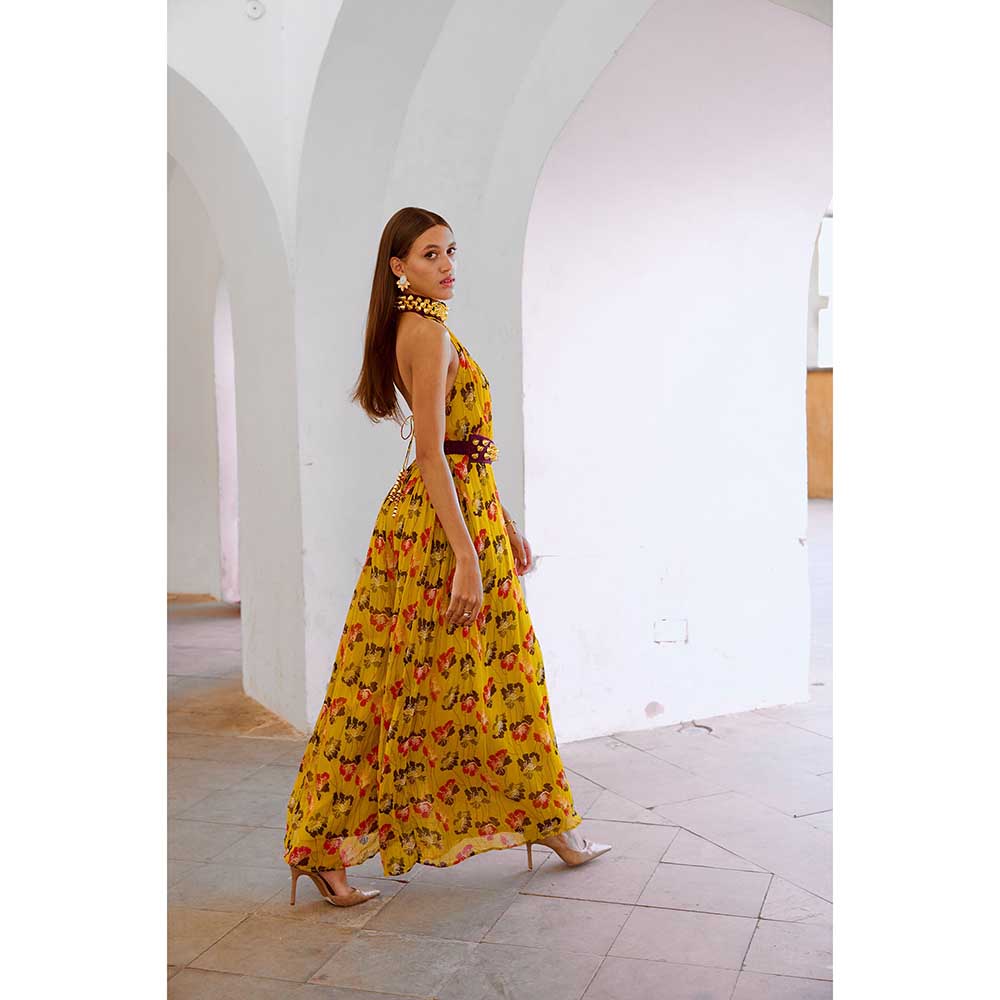 PALLAVI JAIPUR Bumblebee Green Poppy Bell Jumpsuit With Belt (Set of 2)