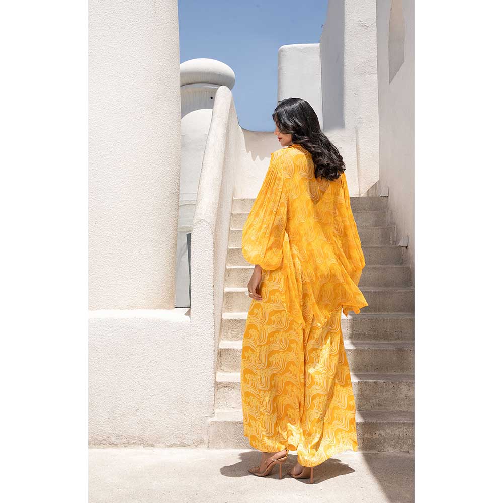 PALLAVI JAIPUR Gulbahar Marigold Yellow Jumpsuit With Loose Balloon Shirt (Set of 2)