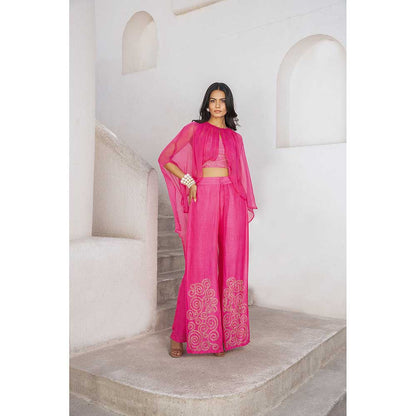 PALLAVI JAIPUR Gulbahar Hot Pink Baandee Crop Top With Flutter Pant & Jacket (Set of 3)