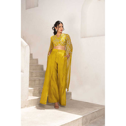 PALLAVI JAIPUR Gulbahar Olive Exaggerated Sleeve Top With Flutter Pant (Set of 2)