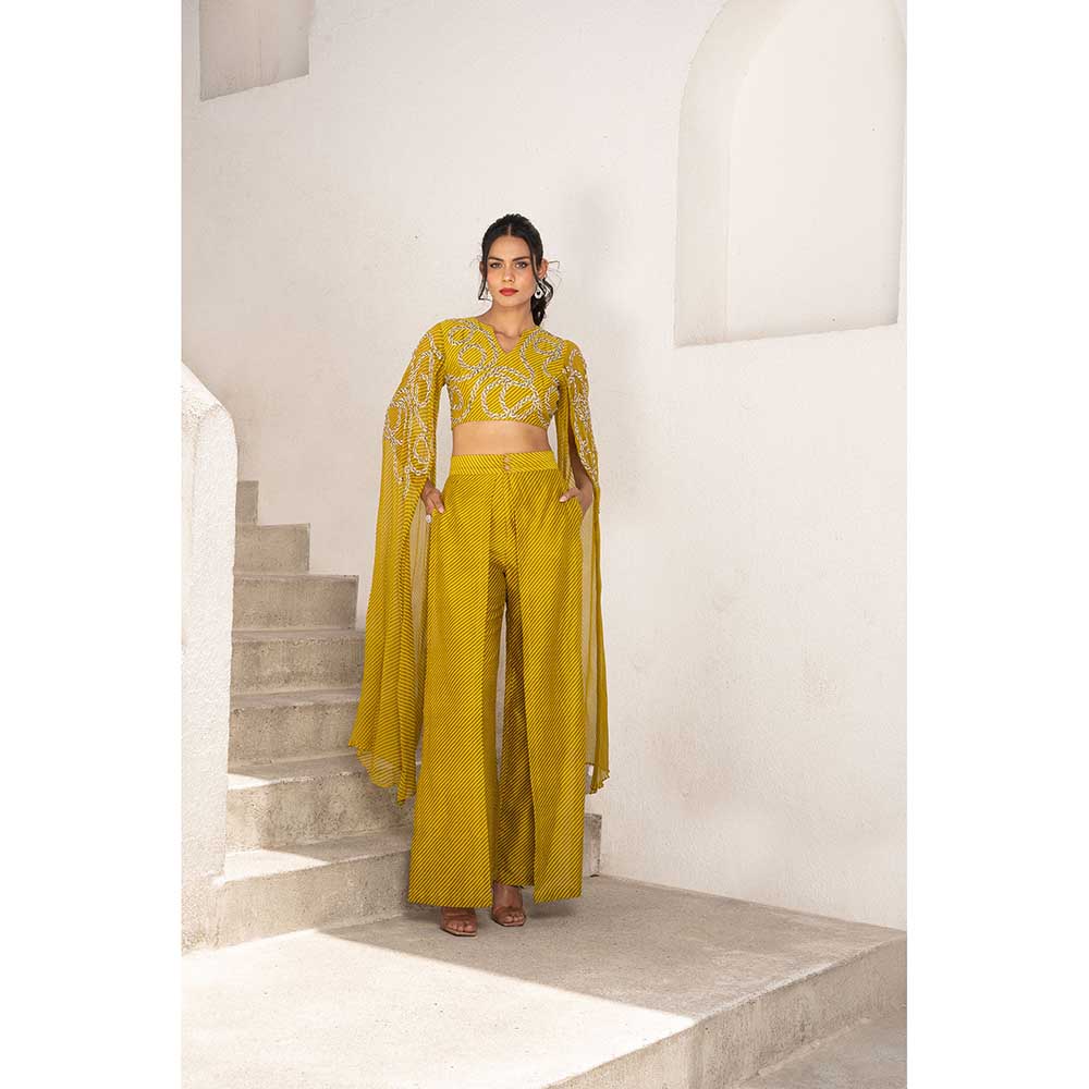 PALLAVI JAIPUR Gulbahar Olive Exaggerated Sleeve Top With Flutter Pant (Set of 2)