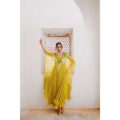 PALLAVI JAIPUR Gulbahar Lemon Green Bling Maxi Dress With Kaftan (Set of 2)