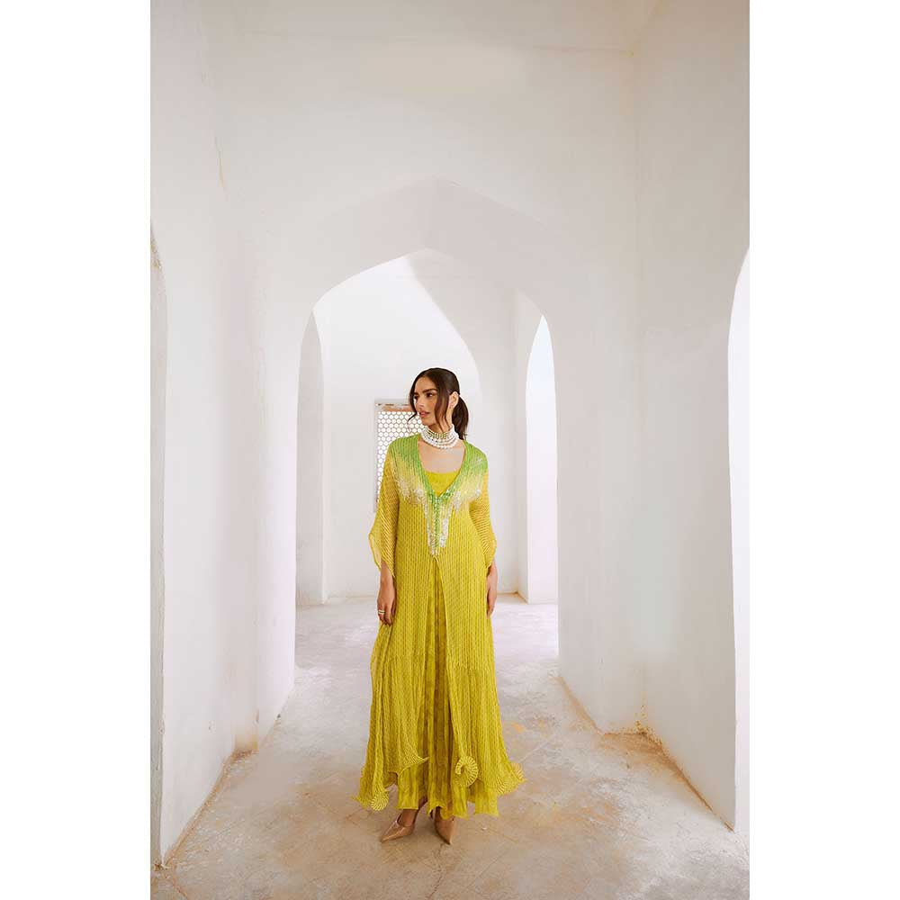 PALLAVI JAIPUR Gulbahar Lemon Green Bling Maxi Dress With Kaftan (Set of 2)
