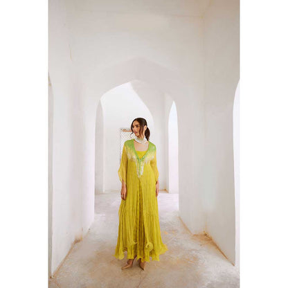 PALLAVI JAIPUR Gulbahar Lemon Green Bling Maxi Dress With Kaftan (Set of 2)