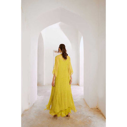 PALLAVI JAIPUR Gulbahar Lemon Green Bling Maxi Dress With Kaftan (Set of 2)