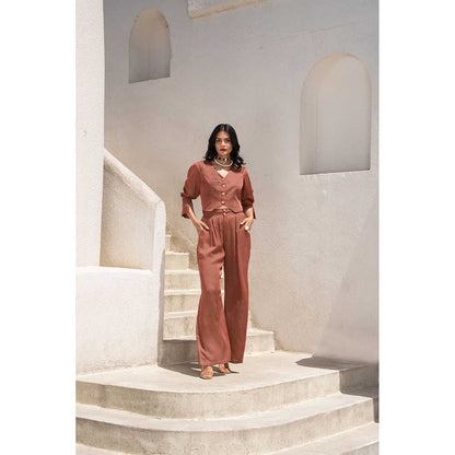 PALLAVI JAIPUR Gulbahar Maroon Stripe Koti Jacket With Pant (Set of 2)