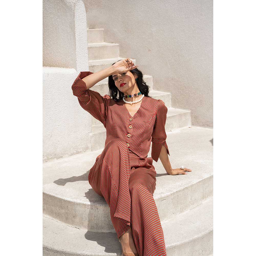 PALLAVI JAIPUR Gulbahar Maroon Stripe Koti Jacket With Pant (Set of 2)