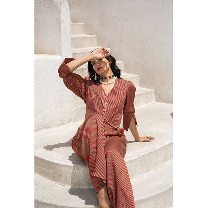 PALLAVI JAIPUR Gulbahar Maroon Stripe Koti Jacket With Pant (Set of 2)
