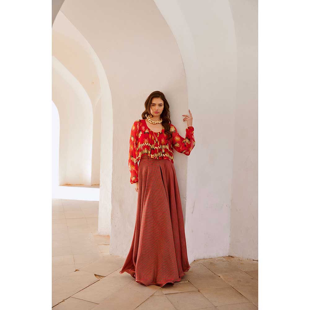 PALLAVI JAIPUR Gulbahar Chilly Red Poppy Boho Top With Skirt & Belt (Set of 3)
