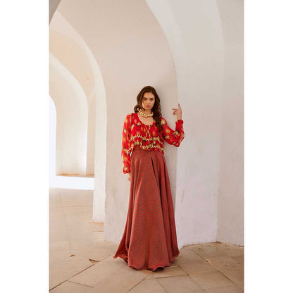 PALLAVI JAIPUR Gulbahar Chilly Red Poppy Boho Top With Skirt & Belt (Set of 3)