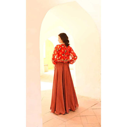 PALLAVI JAIPUR Gulbahar Chilly Red Poppy Boho Top With Skirt & Belt (Set of 3)