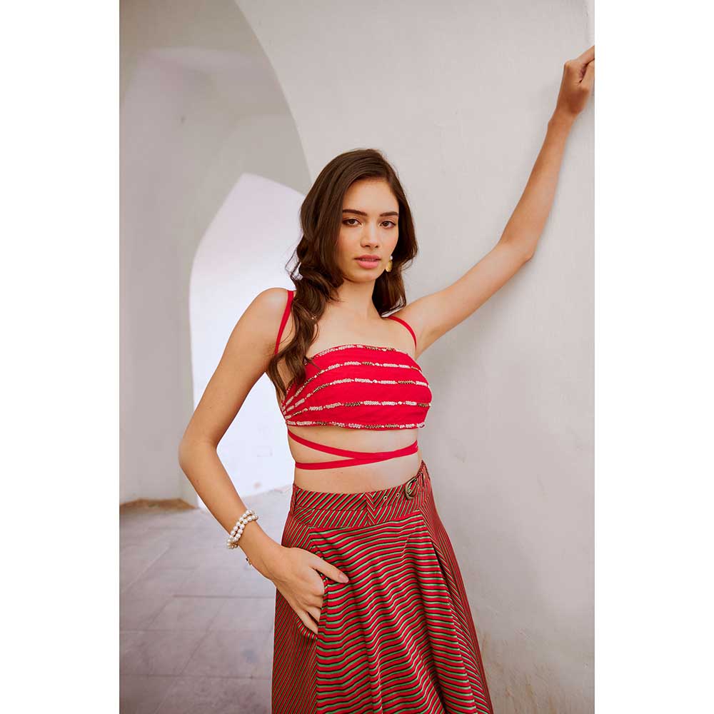 PALLAVI JAIPUR Gulbahar Red Bandeau String Top With Skirt And Belt (Set of 3)