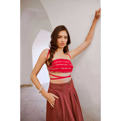 PALLAVI JAIPUR Gulbahar Red Bandeau String Top With Skirt And Belt (Set of 3)