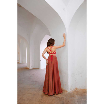 PALLAVI JAIPUR Gulbahar Red Bandeau String Top With Skirt And Belt (Set of 3)