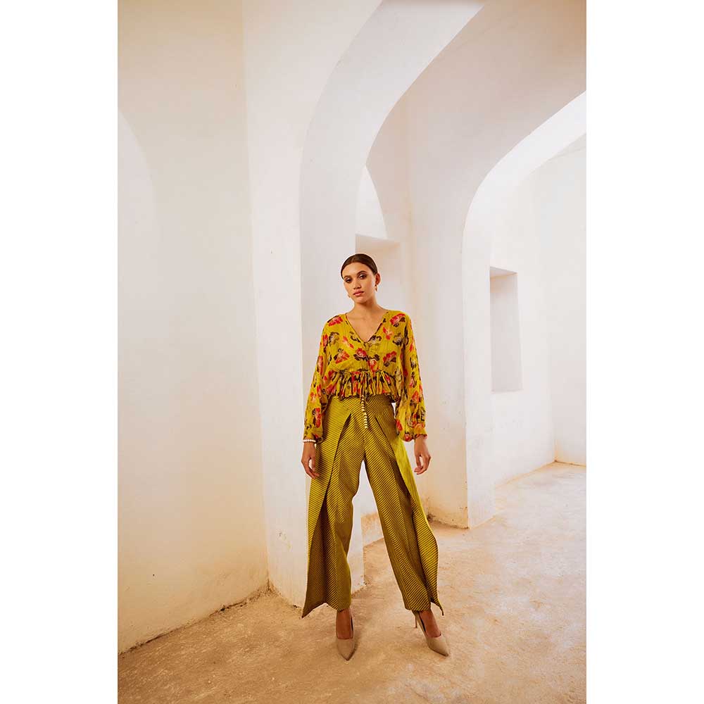 PALLAVI JAIPUR Gulbahar Bumble Bee Green Boho Frill Top With Inner & Fall Pant (Set of 3)