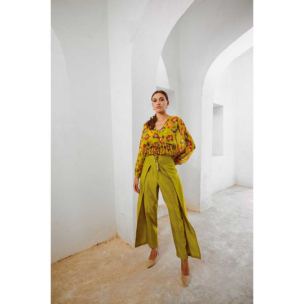 PALLAVI JAIPUR Gulbahar Bumble Bee Green Boho Frill Top With Inner & Fall Pant (Set of 3)