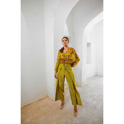 PALLAVI JAIPUR Gulbahar Bumble Bee Green Boho Frill Top With Inner & Fall Pant (Set of 3)