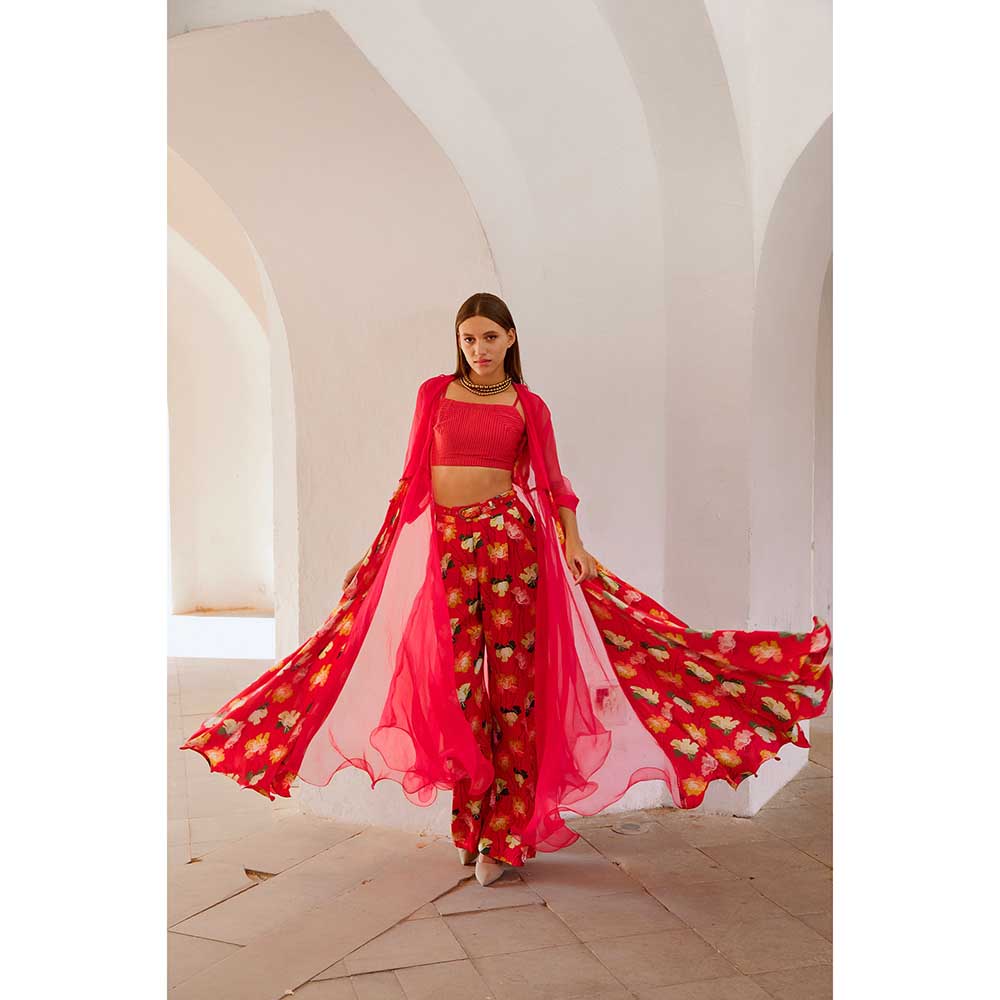 PALLAVI JAIPUR Gulbahar Chilly Red Organza Jacket With Crop Top & Cape Belt (Set of 4)