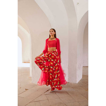 PALLAVI JAIPUR Gulbahar Chilly Red Organza Jacket With Crop Top & Cape Belt (Set of 4)