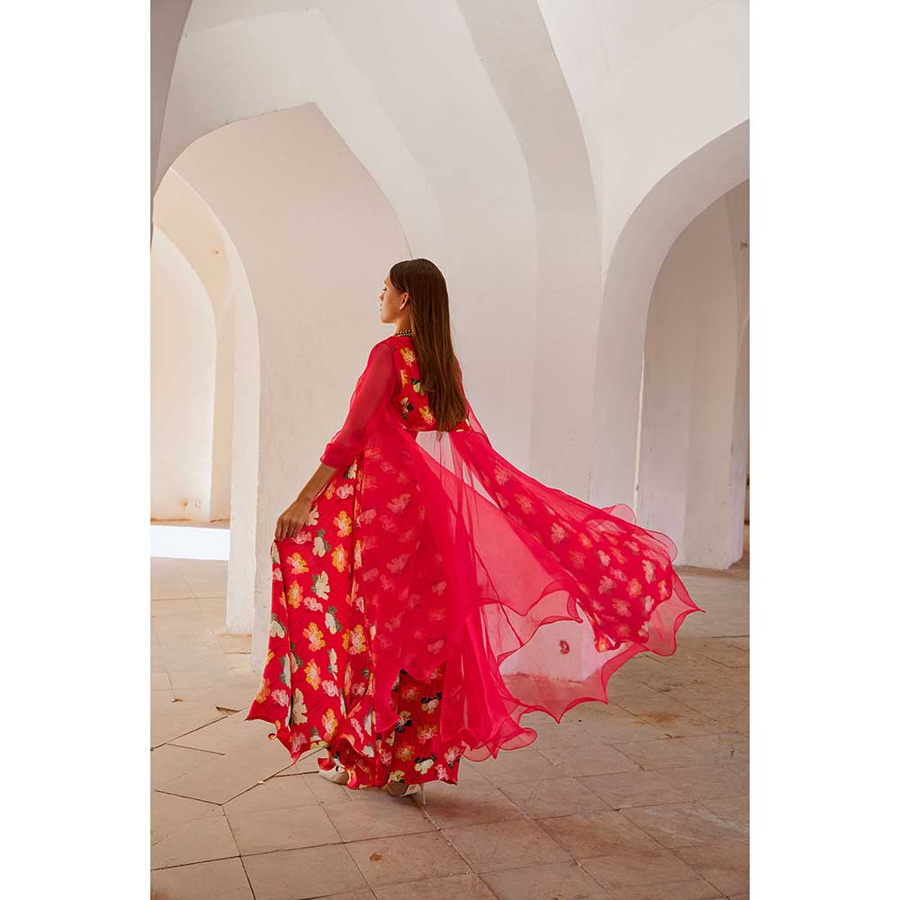 PALLAVI JAIPUR Gulbahar Chilly Red Organza Jacket With Crop Top & Cape Belt (Set of 4)