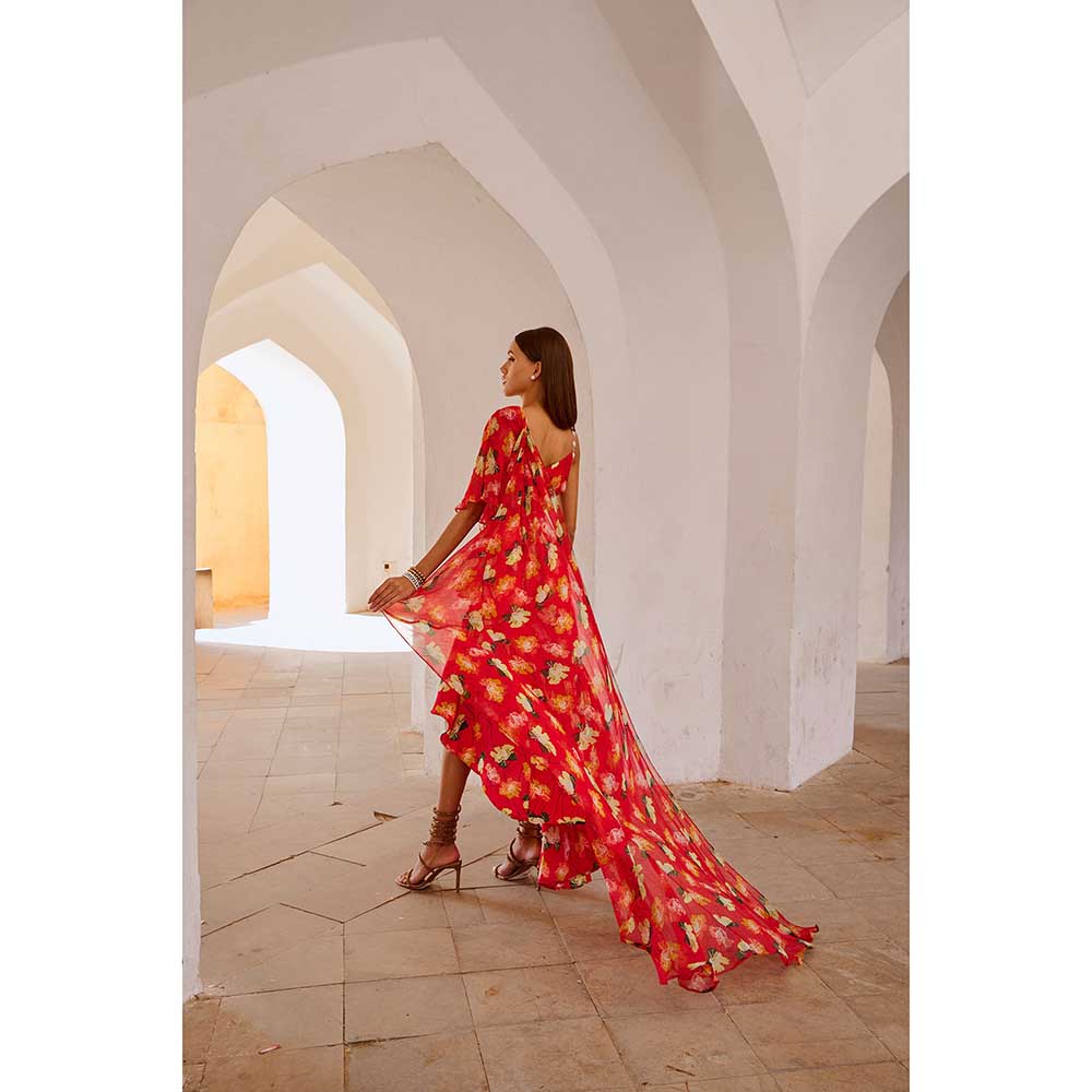 PALLAVI JAIPUR Chilly Red Poppy Gul Midi Dress With Attached Drape & Belt (Set of 2)