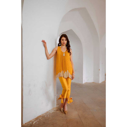 PALLAVI JAIPUR Gulbahar Marigold Mustard Cut Dana Tunic With Bow Pant (Set of 2)