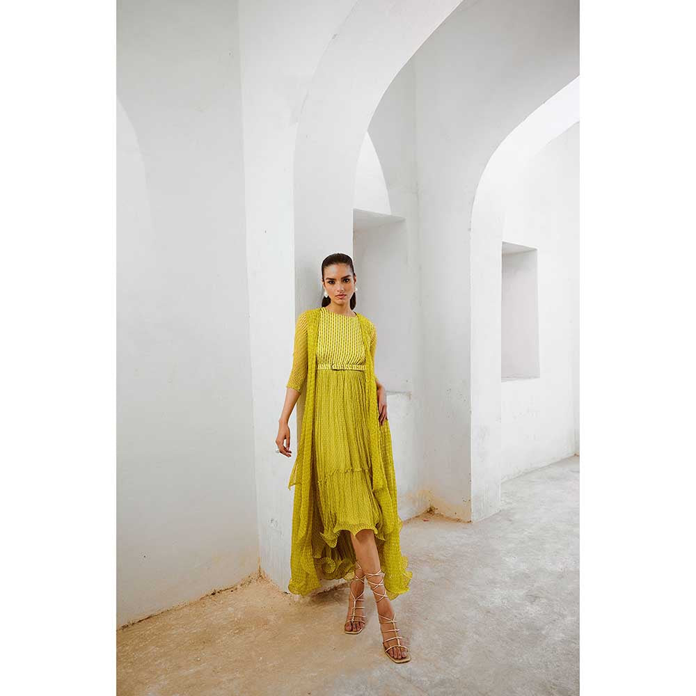 PALLAVI JAIPUR Gulbahar Lemon Green Midi Dress With Jugnu Cape & Belt (Set of 3)