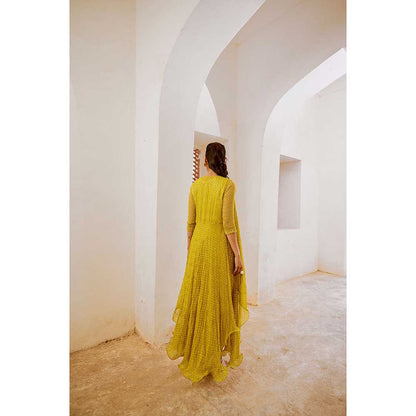 PALLAVI JAIPUR Gulbahar Lemon Green Midi Dress With Jugnu Cape & Belt (Set of 3)