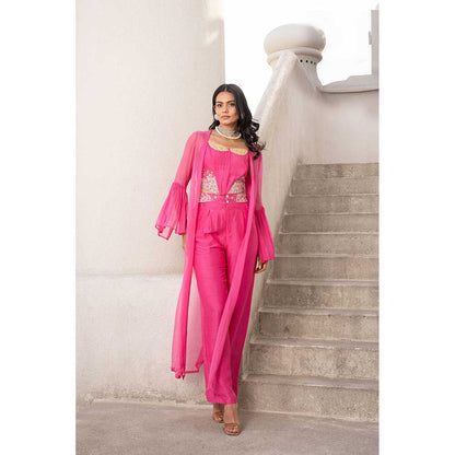 PALLAVI JAIPUR Gulbahar Hot Pink Mirror Crop Top With Pant & Jacket (Set of 3)