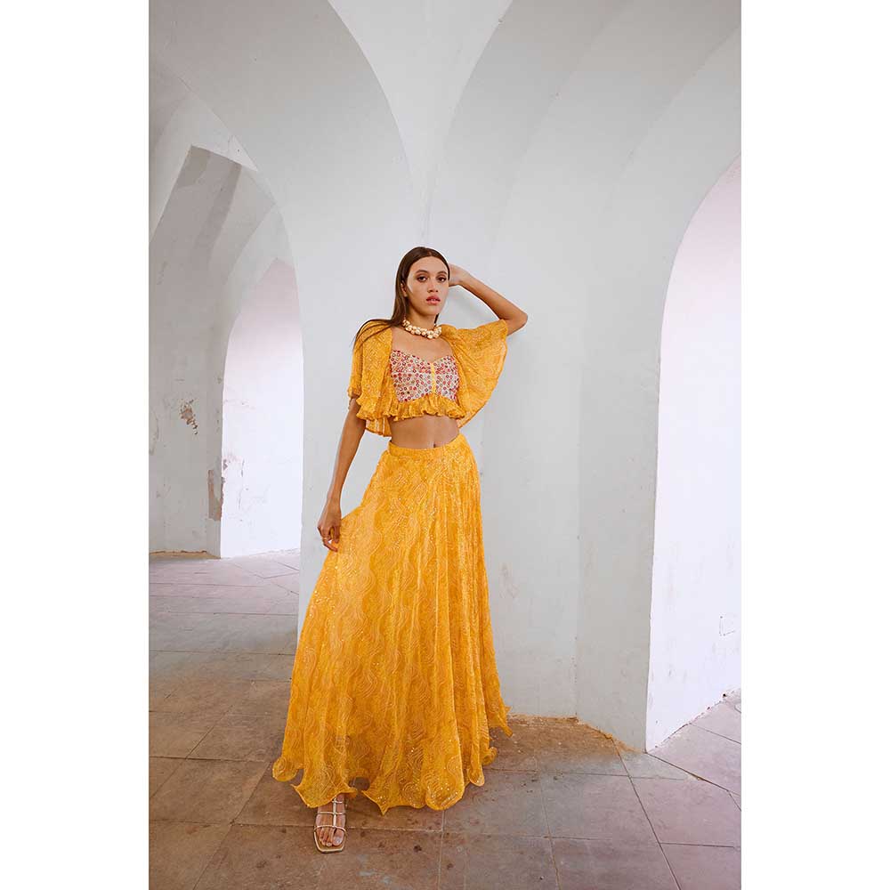PALLAVI JAIPUR Gulbahar Marigold Yellow Jugnu Sitara Butterfly Blouse With Skirt (Set of 2)