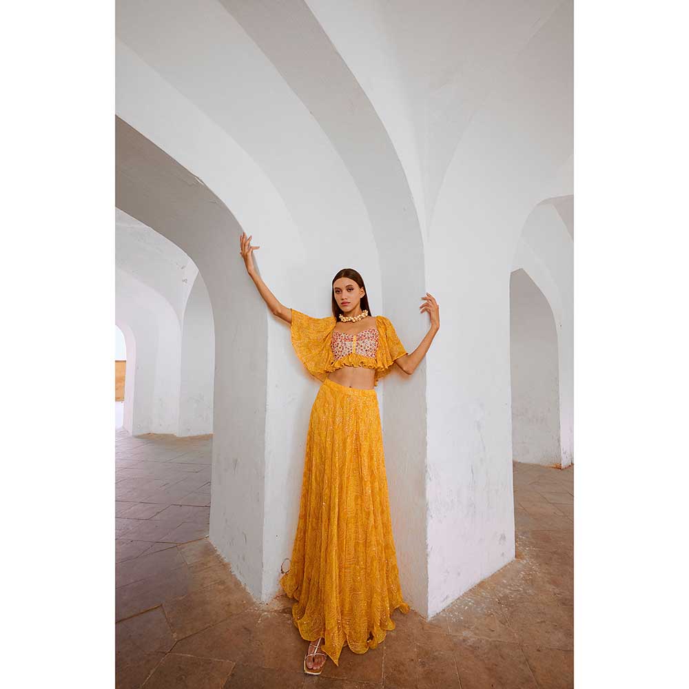 PALLAVI JAIPUR Gulbahar Marigold Yellow Jugnu Sitara Butterfly Blouse With Skirt (Set of 2)