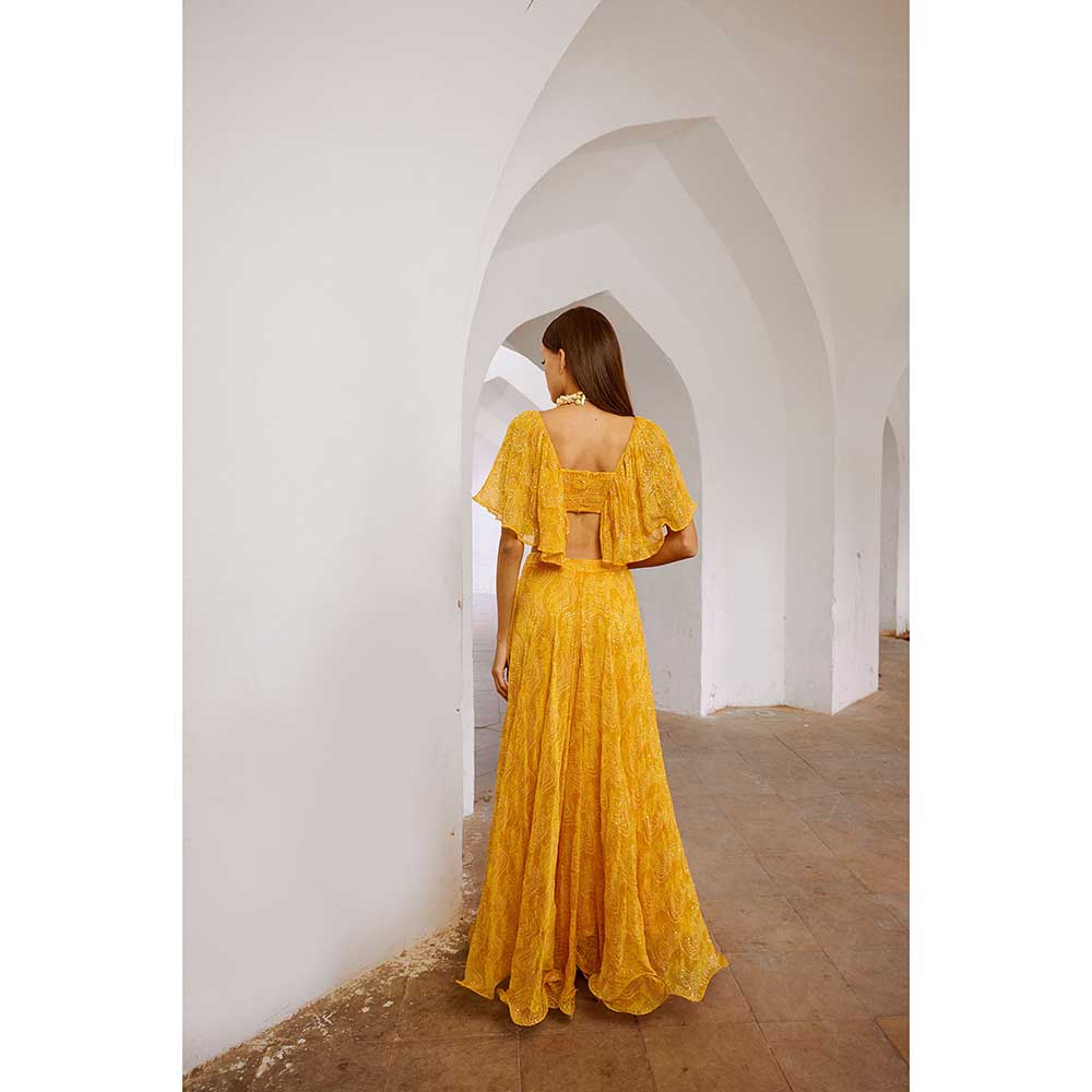 PALLAVI JAIPUR Gulbahar Marigold Yellow Jugnu Sitara Butterfly Blouse With Skirt (Set of 2)