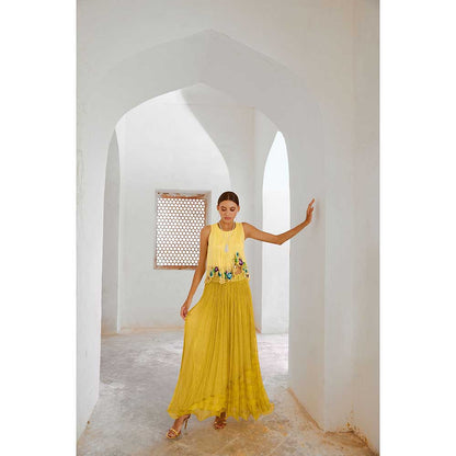 PALLAVI JAIPUR Gulbahar Lime Green Gulshan Boho Top With Chiffon Skirt & Belt (Set of 3)