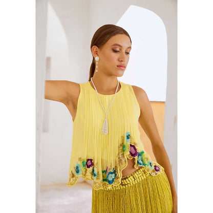 PALLAVI JAIPUR Gulbahar Lime Green Gulshan Boho Top With Chiffon Skirt & Belt (Set of 3)