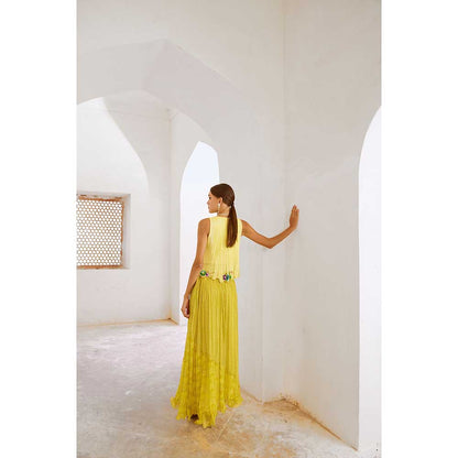 PALLAVI JAIPUR Gulbahar Lime Green Gulshan Boho Top With Chiffon Skirt & Belt (Set of 3)