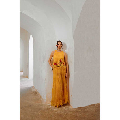 PALLAVI JAIPUR Gulbahar Daisy Yellow Gulshan Boho Top With Chiffon Skirt & Belt (Set of 3)