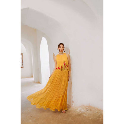 PALLAVI JAIPUR Gulbahar Daisy Yellow Gulshan Boho Top With Chiffon Skirt & Belt (Set of 3)