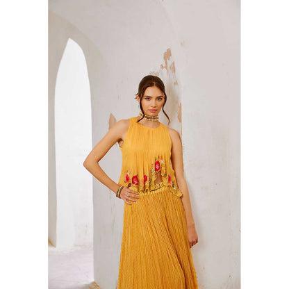 PALLAVI JAIPUR Gulbahar Daisy Yellow Gulshan Boho Top With Chiffon Skirt & Belt (Set of 3)
