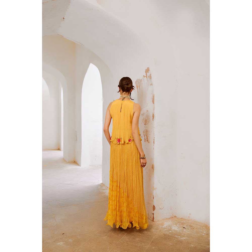 PALLAVI JAIPUR Gulbahar Daisy Yellow Gulshan Boho Top With Chiffon Skirt & Belt (Set of 3)