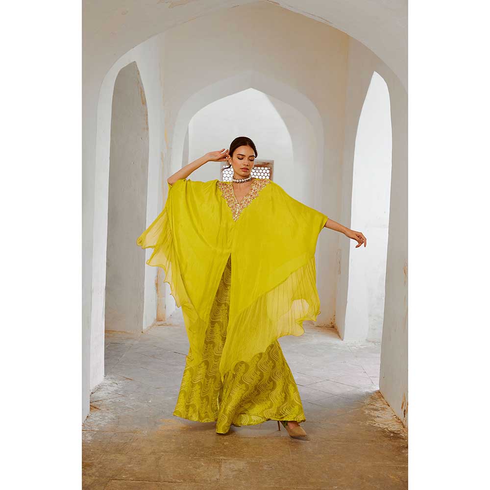 PALLAVI JAIPUR Gulbahar Lemon Green Frill Kaftan With Flared Palazzo (Set of 2)