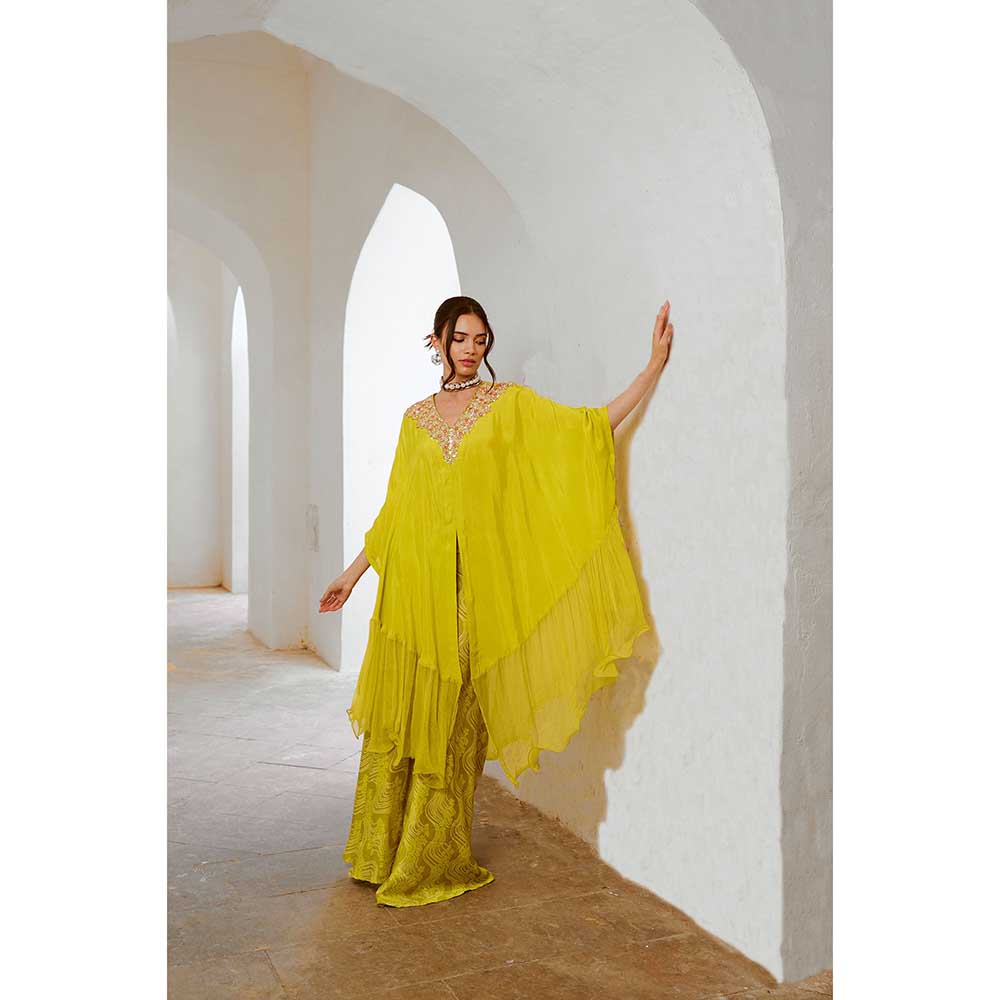 PALLAVI JAIPUR Gulbahar Lemon Green Frill Kaftan With Flared Palazzo (Set of 2)